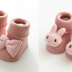 Merkloos 2 Paar - Stevige Antislip Sokken Kinderen - Konijn Roze Strik - 1-2 Jaar