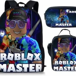 Gift Land® Roblox Rugzak- Kinder Rugtas En Pennen Etui Met Een Bijhorende Lunchtas - Blauw Schooltas - 16 Liter - 3 Ritsvakken