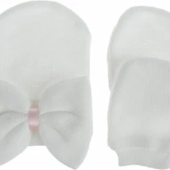 Babysweet Pasgeboren Babymutsje In Het Wit Met Strikje- Babyborn Muts - Babymuts Met Handschoenen - Meisjes - Roze - Newborn Muts