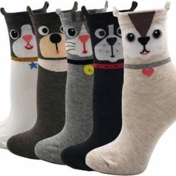 Winkrs - 5 Paar Dieren Sokken - Cartoon - Damessokken Set - Kindersokken Met Oortjes - Kat, Beer, Hond