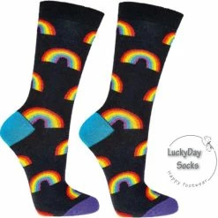 Merkloos Verjaardag Cadeautje Voor Hem En Haar - Regenboog Black Sokken - Valentijnsdag Cadeau - Sokken - Leuke Sokken - Vrolijke Sokken - Luckyday Socks - Sokken Met Tekst - Aparte Sokken - Socks Waar Je Happy Van Wordt - Maat 42-47
