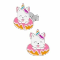 WeLoveSilver Oorbellen Meisjes Zilver | Eenhoorn Oorbellen | Zilveren Oorstekers, Wit Eenhoornkatje In Donut