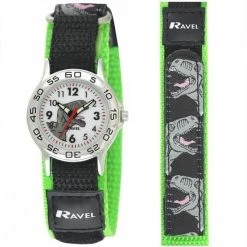 No Evil Kinderhorloge Quartz Analoog Jongens Met Dinosaurus Zwart Groen Klittenbandsluiting