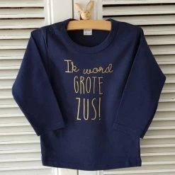 Merkloos Shirt Ik Word Grote Zus | Lange Mouw | Blauw Goud | Maat 86 Zwangerschap Aankondiging Bekendmaking Baby Big Sis Sister