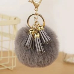 DW4Trading Pompom Sleutelhanger - Fluffy - Bolletje - Taupe / Grijs
