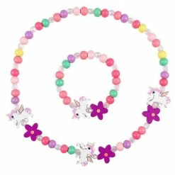 Fako Bijoux® - Kinderketting En Armband - Hout - Eenhoorn & Bloemetjes Fuchsia - Sinterklaas & Kerst