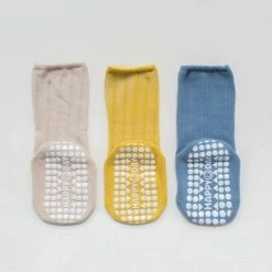 Merkloos Baby Sokken - Set 3 Paar - 6-12 Maanden - Antislip Sokken Baby - Babysokken - Baby Sokjes - Blauw/Kaki/Geel