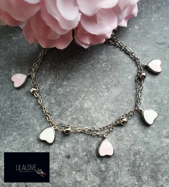 Armband Meisje- Zilver 925 Sterling- 2 Laags Hartjes Roze Wit- Kind- LiLaLove 4 Armband Meisje- Zilver 925 Sterling- 2 Laags Hartjes Roze Wit- Kind- LiLaLove - Afbeelding 2