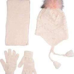Kitti 3-Delig Winter Set | Muts (Beanie) Met Fleecevoering - Sjaal - Handschoenen | 4-8 Jaar Meisjes | Diamant-01 (K2170-01)