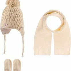 Kitti 3-Delig Winter Set | Muts (Beanie) Met Fleecevoering - Sjaal - Handschoenen | 0-18 Maanden Baby Jongens | K22150-07-03 | Cream