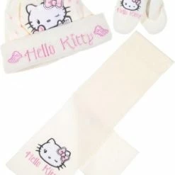 Hello Kitty Winterset - Handschoenen, Muts En Sjaal - Model "Fluffy Kitty" - Roomwit - 48 Cm - 100% Acryl